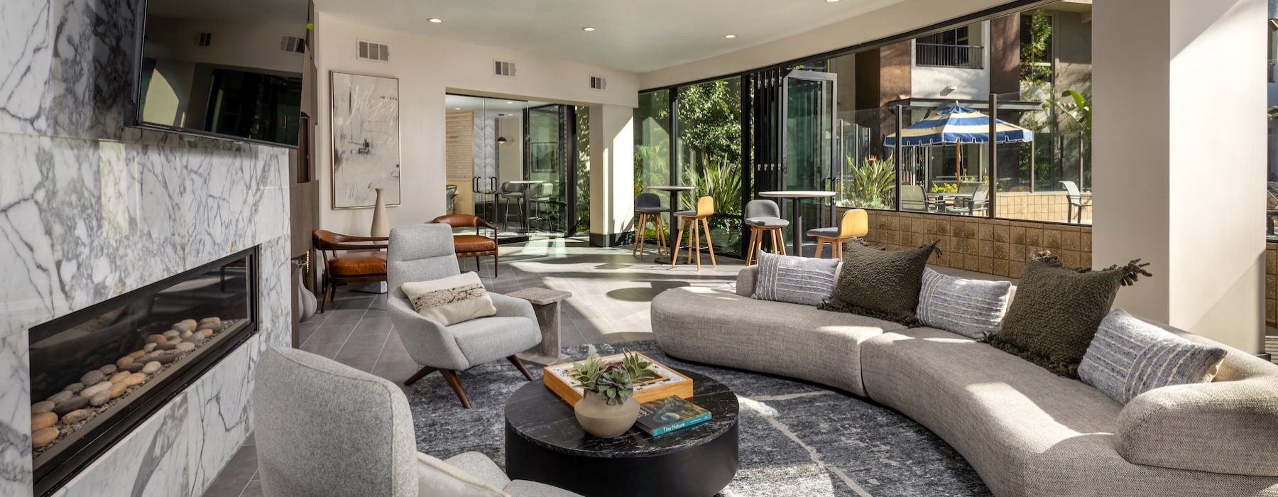 a living room with a fireplace