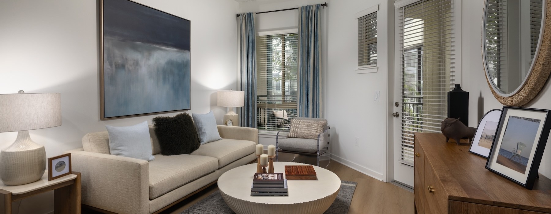 a living room with a couch and a coffee table