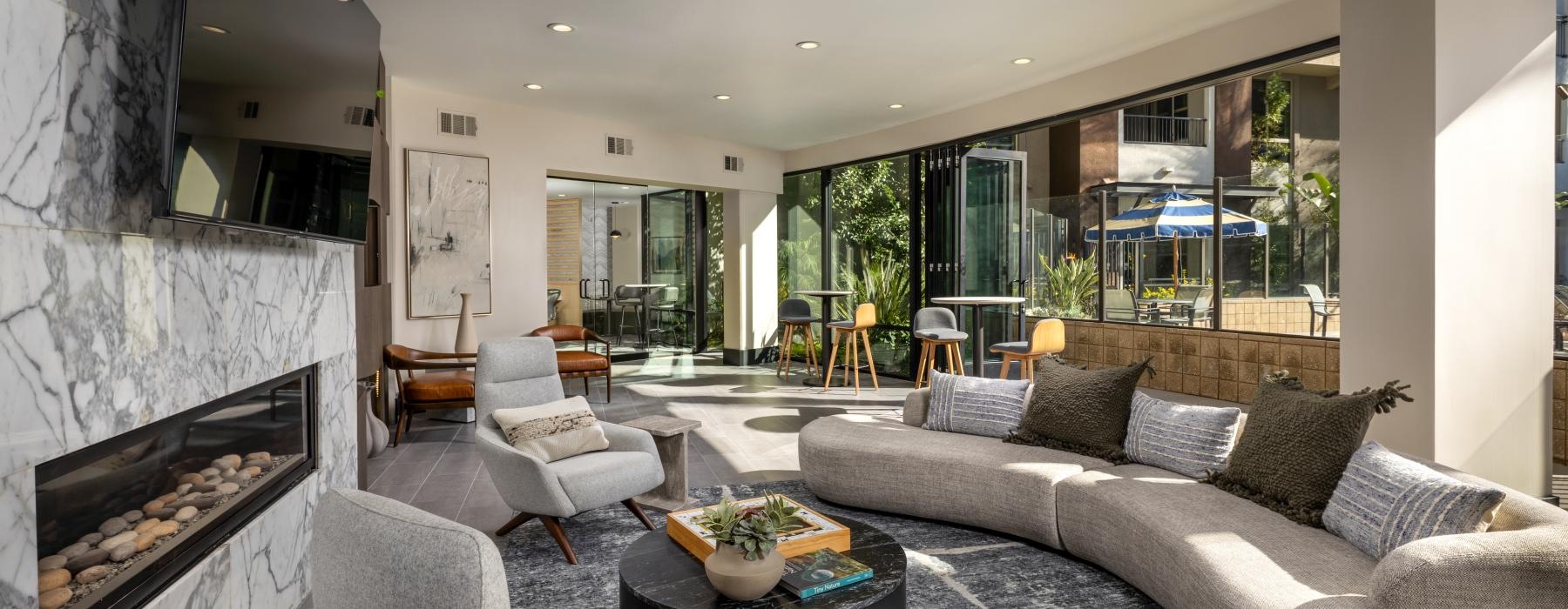 a living room with a fireplace