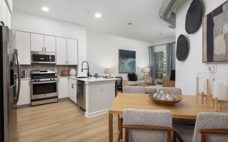 a kitchen with a dining table