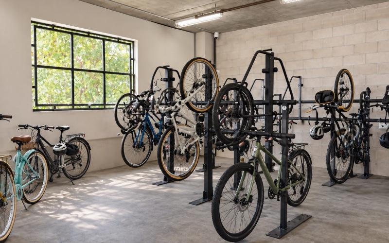 a bike garage with bikes on racks